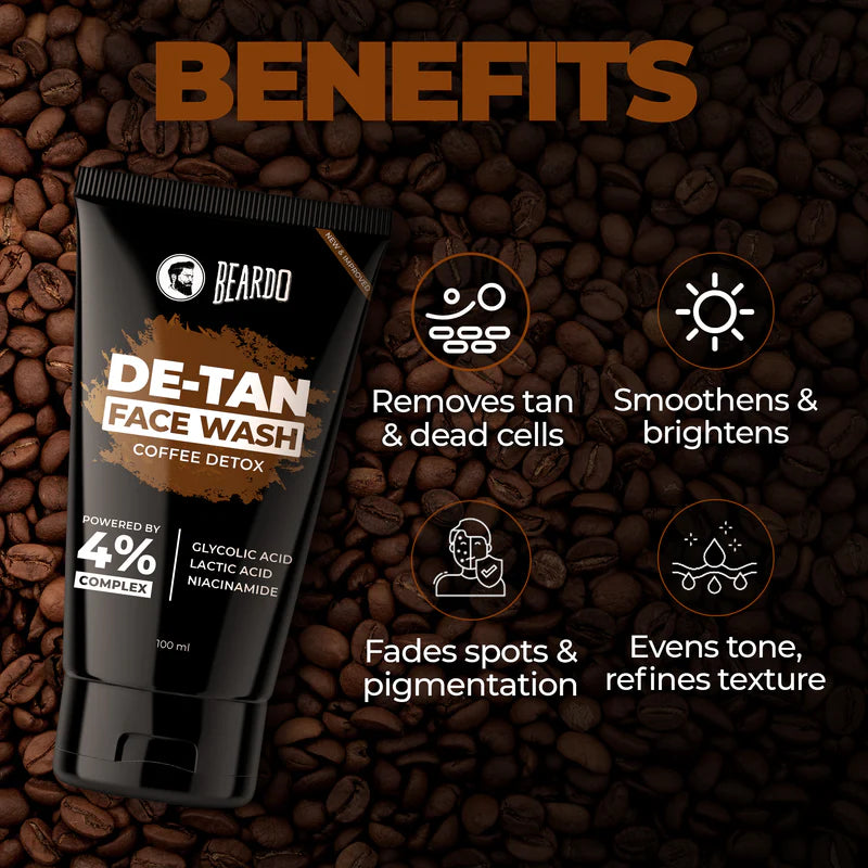 Beardo DeTan Face Wash for Men | With Vitamin E, Aloe Vera & Coffee | All in One Tan removal Face Wash for Men | Exfoliates, Brightens and Hydrates Skin | All Skin type | 100ml