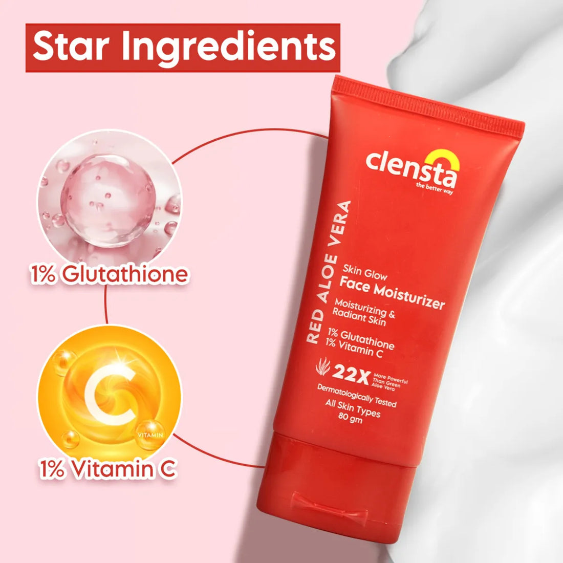 Clensta Red Aloe Vera Skin Glow Face Moisturizer Cream With Red Aloe Vera & Vitamin C, Brightening & Glowing Skin For Men & Women 80 Gm