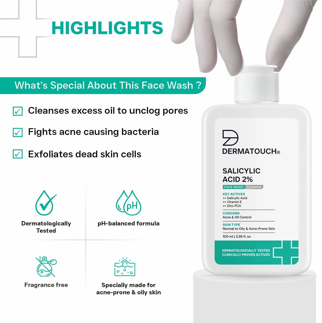 DERMATOUCH Salicylic Acid 2% Face Wash | Acne & Oil Control Cleanser for Oily & Acne-Prone Skin | 100ml