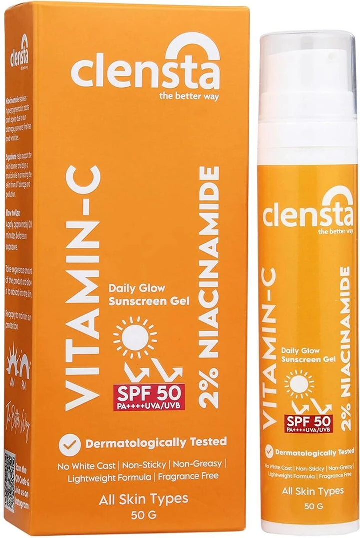 Clensta Vitamin C & Niacinamide Sunscreen Gel Spf 50 PA++++ UVA/UVB Filters | No White Cast, Lightweight & Non-Sticky |Brightening Daily Glow For Men & Women For All Skin Types (50 Gm)