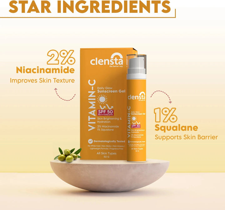 Clensta Vitamin C & Niacinamide Sunscreen Gel Spf 50 PA++++ UVA/UVB Filters | No White Cast, Lightweight & Non-Sticky |Brightening Daily Glow For Men & Women For All Skin Types (50 Gm)