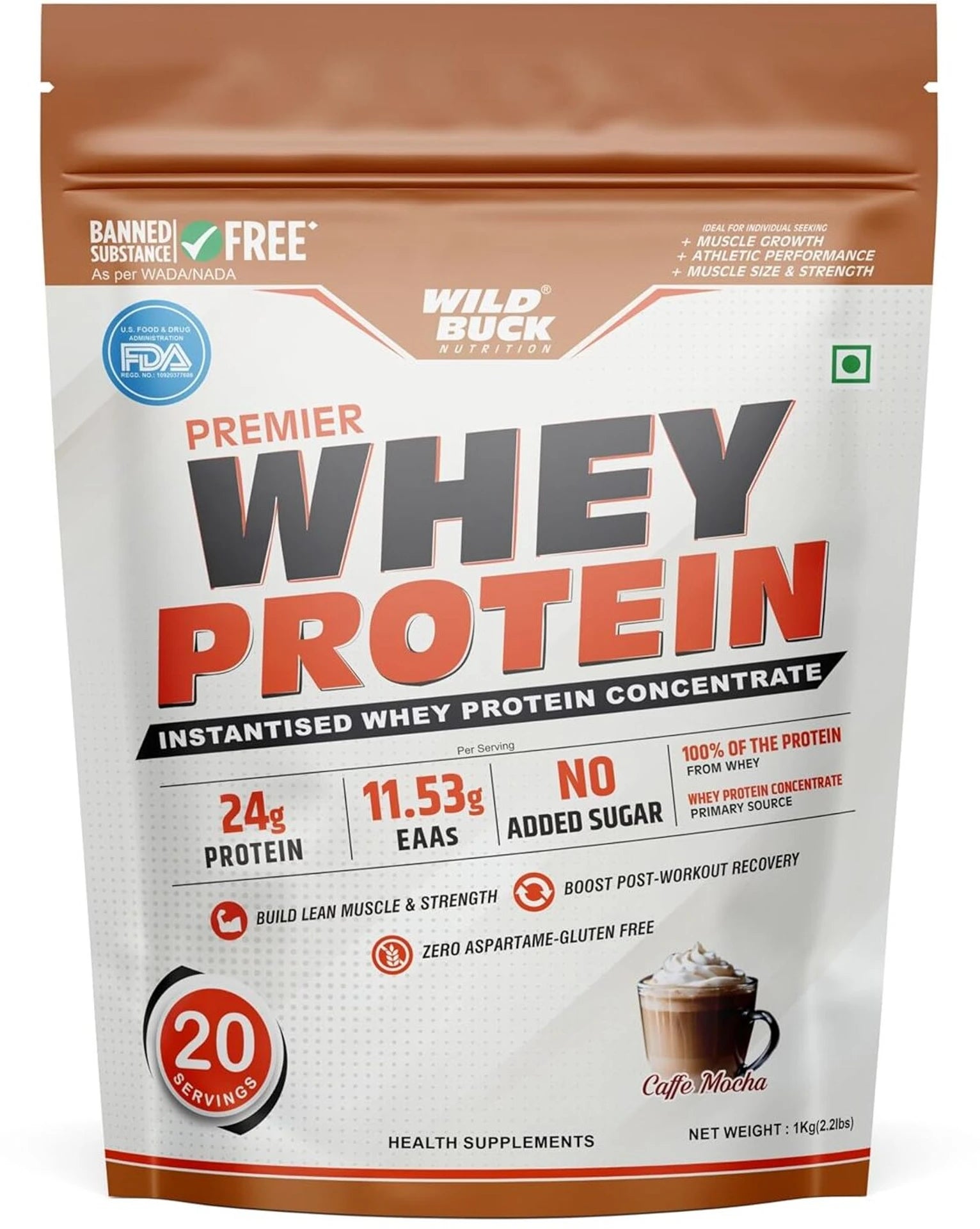 WILD BUCK Premier Whey Protein | High Protein, Amino Acids & Digestive Enzymes | 1kg | Caffe Mocha, Caramel Chocolate & Strawberry Mango